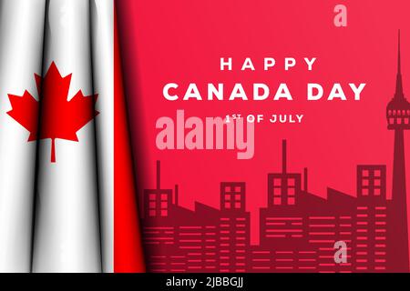 canada day illustration with realistic canadian flag and silhouette landmark building Stock Vector