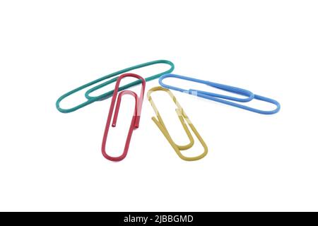 multicolored paper clips lie isolated on a white background, Stock Photo