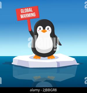 global warming illustration with a cute penguin holding global warming banner on the floating ice Stock Vector
