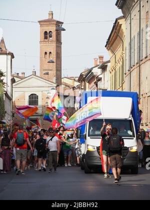 Cremona Pride, a rainbow city. The streets crowded with people celebrating on the day dedicated to claiming the rights of the LGBTQIA community.