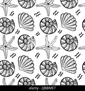 Seamless pattern of sea creatures, hand-drawn in sketch style. Shells and starfish. White background. Isolated. Summer. Ocean. Flat design. Vector sim Stock Vector