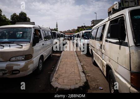 Damascus, Syria -May, 2022: Many Minibuses on bus station in Damascus