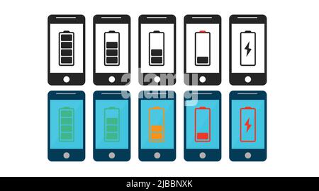 Smartphone battery icon set. Set of illustrations with smartphones with different battery charges Stock Vector