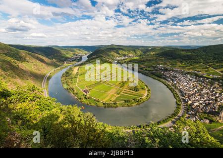 Landscape and scenic view from Calmont hiking trail to Moselle loop (germ. Moselschleife) and the villages of Ediger-Eller, Neef and Bremm (left to ri Stock Photo