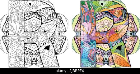 Letter R monogram, engraving design on mandala for coloring. Vector illustration. Color and outline set Stock Vector