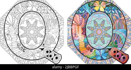 Letter Q monogram, engraving design on mandala for coloring. Vector illustration. Color and outline set Stock Vector