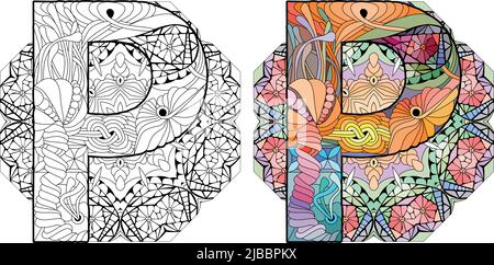 Letter P monogram, engraving design on mandala for coloring. Vector illustration. Color and outline set Stock Vector