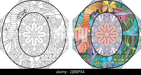 Letter O monogram, engraving design on mandala for coloring. Vector illustration. Color and outline set Stock Vector