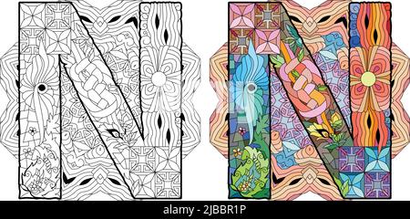 Letter N monogram, engraving design on mandala for coloring. Vector illustration. Color and outline set Stock Vector