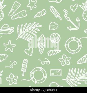 Summer tropical green seamless pattern vector illustration. Background with holiday and travel items. Print for packaging, textile, paper and design. Stock Vector