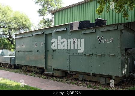 This 6 unit meter gauge train was was specially built to carry troops in war infested area. Wagons built in 1880's were converted in Ajmer workshop of Stock Photo