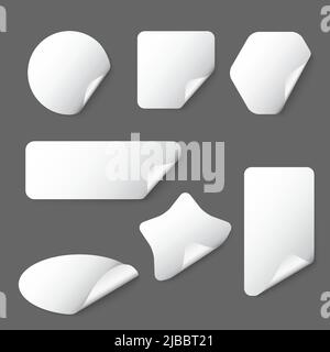 White vector paper stickers on grey background. White sticker, paper sticker, label shape sticker illustration Stock Vector