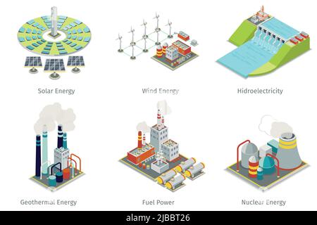 Power plant icons. Electricity generation plants and sources. Electricity energy, hydroelectricity energy, geothermal energy, solar and wind energy. V Stock Vector