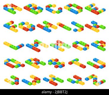 Isometric 3D vector alphabet letters made of plastic cubes constructor. Constructor alphabet, education alphabet english, toy construct alphabet illus Stock Vector