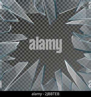 Broken glass window frame vector. Window glass broken isolated on checkered background, illustration damage glass with hole Stock Vector