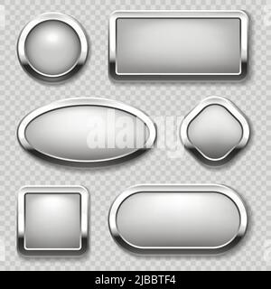 Round chrome button collection on transparent background. Vector metal buttons in form circle, square and oval illustration Stock Vector