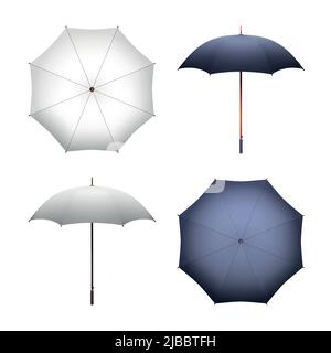 Blank white and black umbrella for merchandise and advertising vector illustration. Realistic parasol for protection form rain and sun Stock Vector