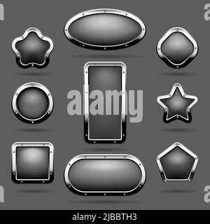 Chrome frames or metal panel buttons with frames vector illustration. , Panel steel in form oval and star illustration Stock Vector