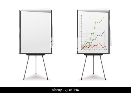 Empty flip chart isolated on white background. Office white paper board flipchart, blank and with graphs for business presentation vector illustration Stock Vector