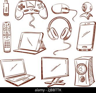 Doodle computer gadgets vector set. Headphone and USB flash drive, web camera and joystick illustration Stock Vector