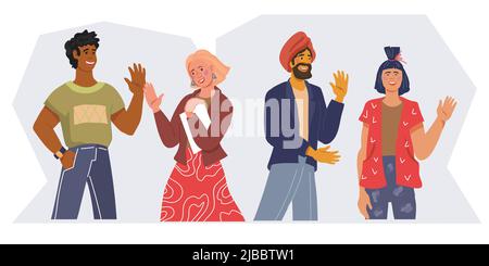 People of different races and nations with a gesture of welcome. Representatives of different nations waving their hand saying hello, flat vector illu Stock Vector