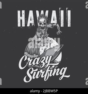 T-shirt or poster design with illustration of skeleton on surfing board Stock Vector