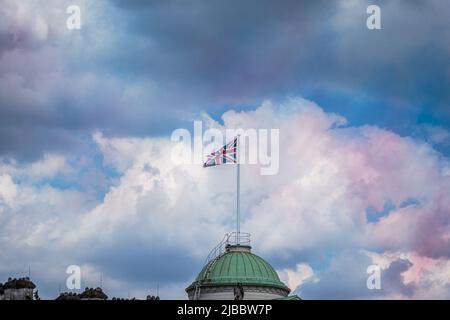 Coloured sky following the flypast in London for the Platinum Jubilee. Stock Photo