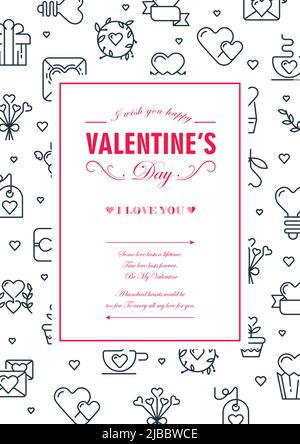 Original colored square frame card with many small hearts, envelopes and others symbols around the text on the white background vector illustration Stock Vector