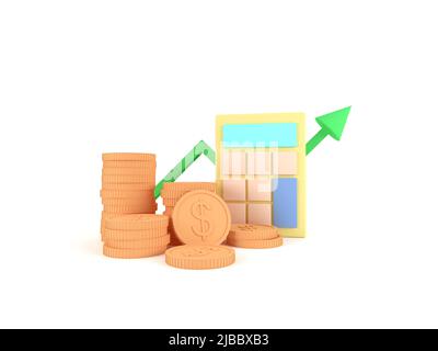 Stack of cartoon coins and calculator with line graph arrow on white background. Money savings and financial investment concept, 3d rendering. Stock Photo