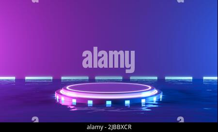 Futuristic sci-fi technology blank platform pedestal with blue and violet glowing neon lights for product presentation, 3d rendering