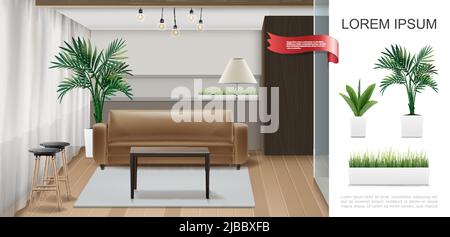 Realistic home interior template with aquarium table chairs on wooden floor lamps plants and grass in flowerpots vector illustration Stock Vector