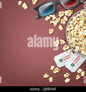 Vector bucket of popcorn with 3d glasses and two cinema tickets close up top view isolated on gray background Stock Vector