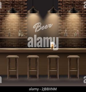 Vector bar, pub interior with brick walls, wooden counter, chairs, shelves, alcohol, mug of beer and lamps Stock Vector