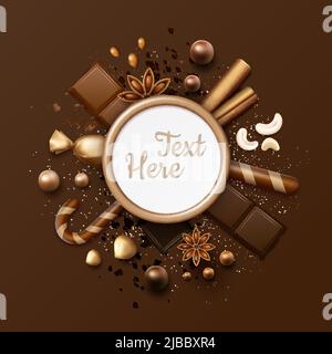 Vector chocolate flat lay frame with ball candies, cinnamon sticks, star anise, nuts, sweets in glossy wrapper, striped lollipops and place for text o Stock Vector