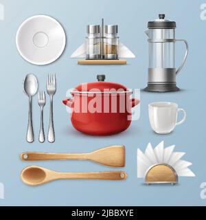 Vector set of kitchenware: dishes, flatware and utensil. Isolated on blue background Stock Vector