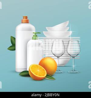 Vector set of clean dishes and glassware with dishwashing liquid of oranger scent on the blue background Stock Vector