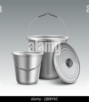 Vector illustration of big and small metal buckets with handle isolated on background Stock Vector