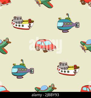 Seamless pattern with ship, car and plane. Transport vector illustration Stock Vector