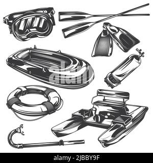 Set of diving equipment elements for creating your own badges, logos, labels, posters etc. Isolated on white. Stock Vector
