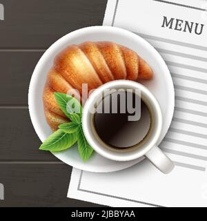 Vector fresh crispy french croissant with cup of coffee, plate and menu card top view on wooden table background Stock Vector