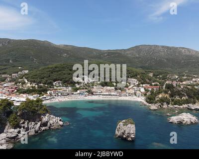 Parga, greek caribbean in preveza, famous tropical destination vacation summer tourist attraction with the deep blue ocean of ionian sea, greece Stock Photo