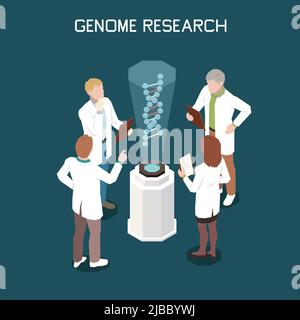 Genetics isometric concept with four scientists researching genome 3d vector illustration Stock Vector