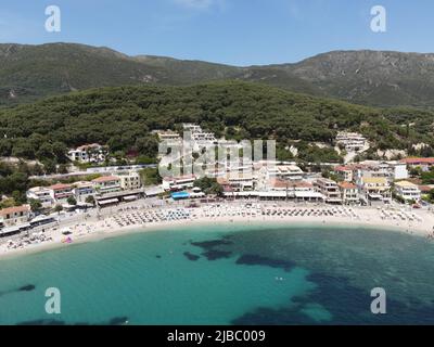 Parga, greek caribbean in preveza, famous tropical destination vacation summer tourist attraction with the deep blue ocean of ionian sea, greece Stock Photo