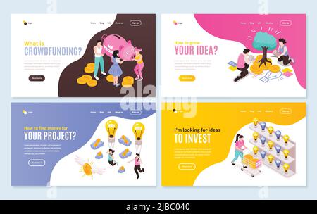 Crowdfunding concept 4 isometric horizontal web page banners set with project ideas info for investors vector illustration Stock Vector