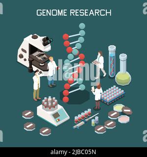 Genetics isometric composition with laboratory equipment and scientists researching genome 3d vector illustration Stock Vector