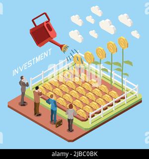 Online trading investment growth isometric concept with coins and business people 3d vector illustration Stock Vector