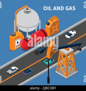 Oil and gas industry isometric composition with rig canister cars 3d vector illustration Stock Vector