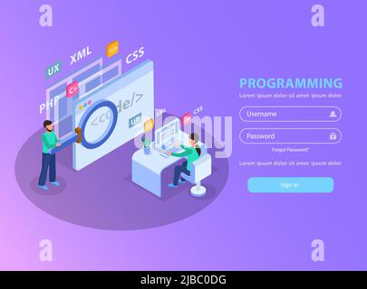 Web development isometric concept background sign in page with images and fields for login and password vector illustration Stock Vector