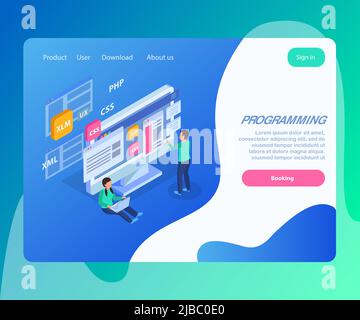 Web development isometric concept landing page with clickable text links buttons and conceptual composition of images vector illustration Stock Vector
