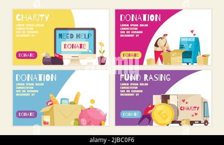 Charity horizontal banners collection with doodle images of goods donated items with text and clickable buttons vector illustration Stock Vector